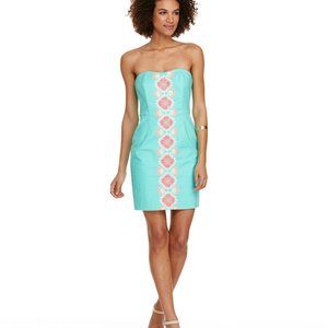 Aqua Embroidered Vineyard Vines Caribbean floral Strapless dress 4 Super Cute